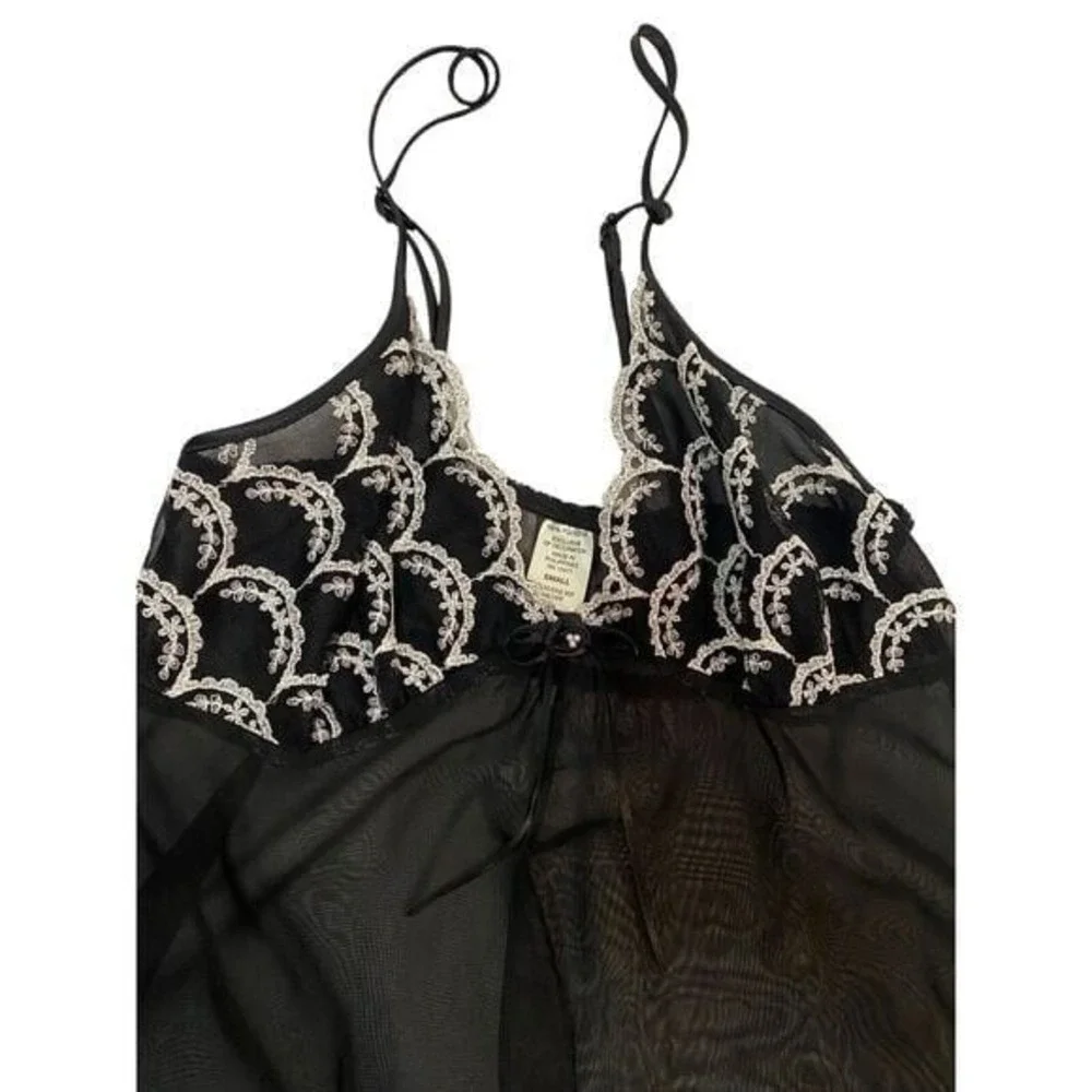 Black‎ Sheer Embroidered Bodice Open Front Teddy Slip Mini Dress Size Small
